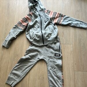 Burberry Gray Sweatpants & Hoodie Set with Striped Sleeves